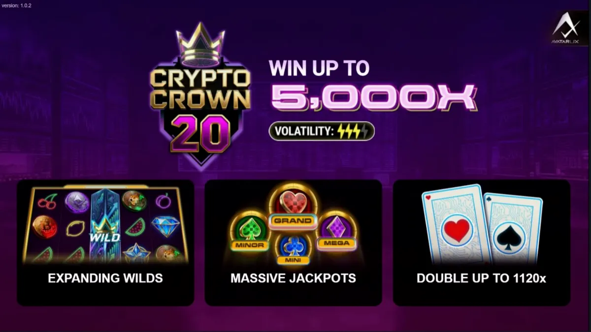 Crypto Crown 20 slot machine interface na may neon crypto symbols
